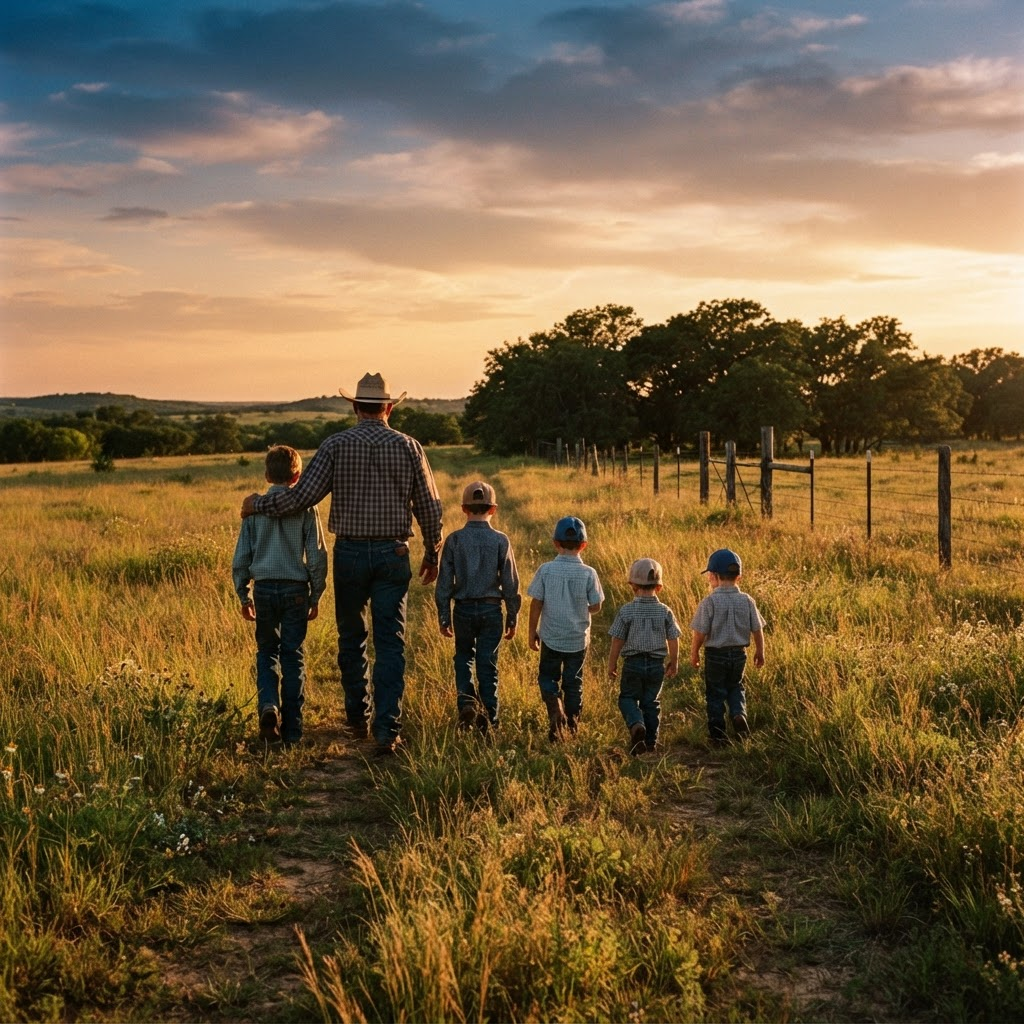 A family walking across a Texas ranch pasture at golden hour